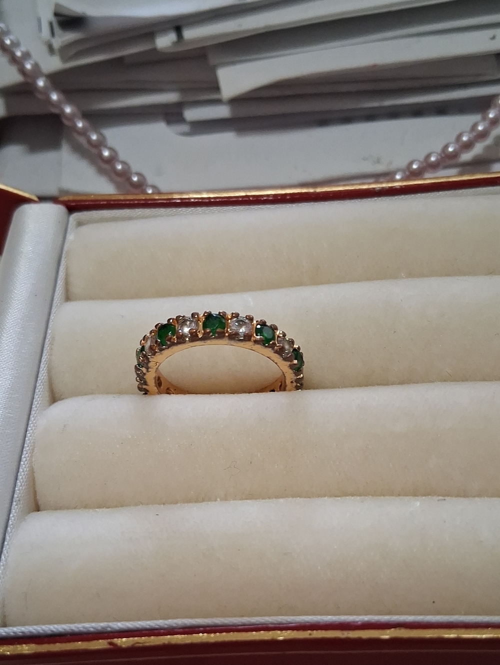 Source Unknown Gold Tone Ring with Green and Clear Stones